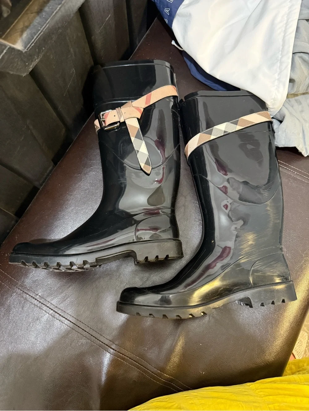 Authentic Burberry Black Rain Boots with Plaid Strap